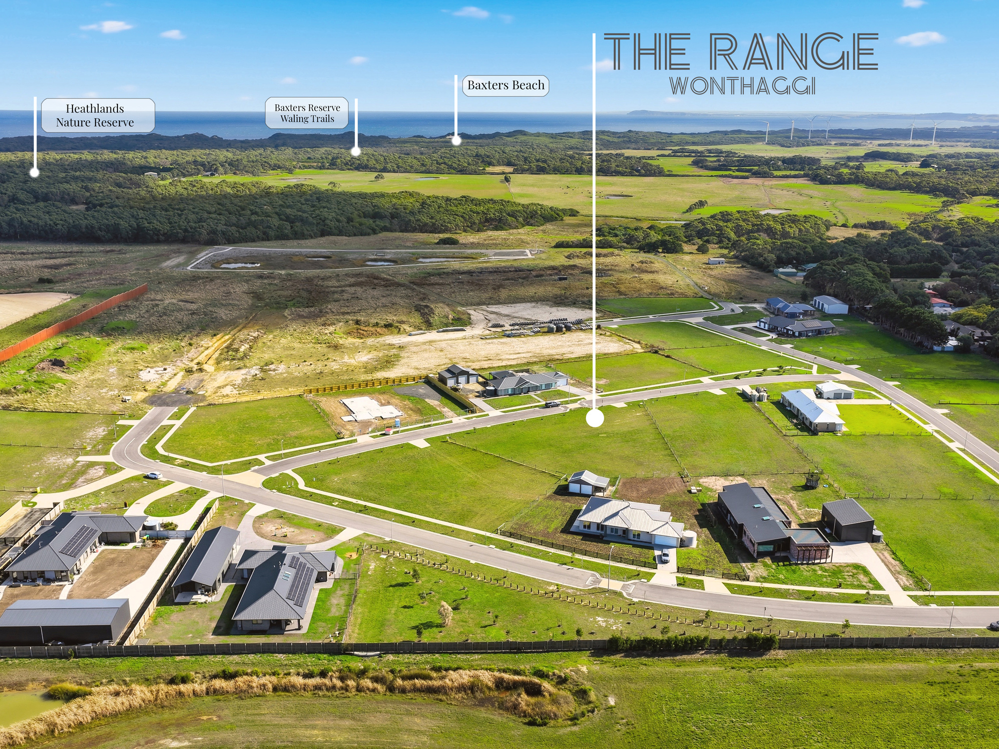 Aerial view of The Range with Heathlands Nature Reserve, Baxters Reserve walking trails and Baxters Beach
