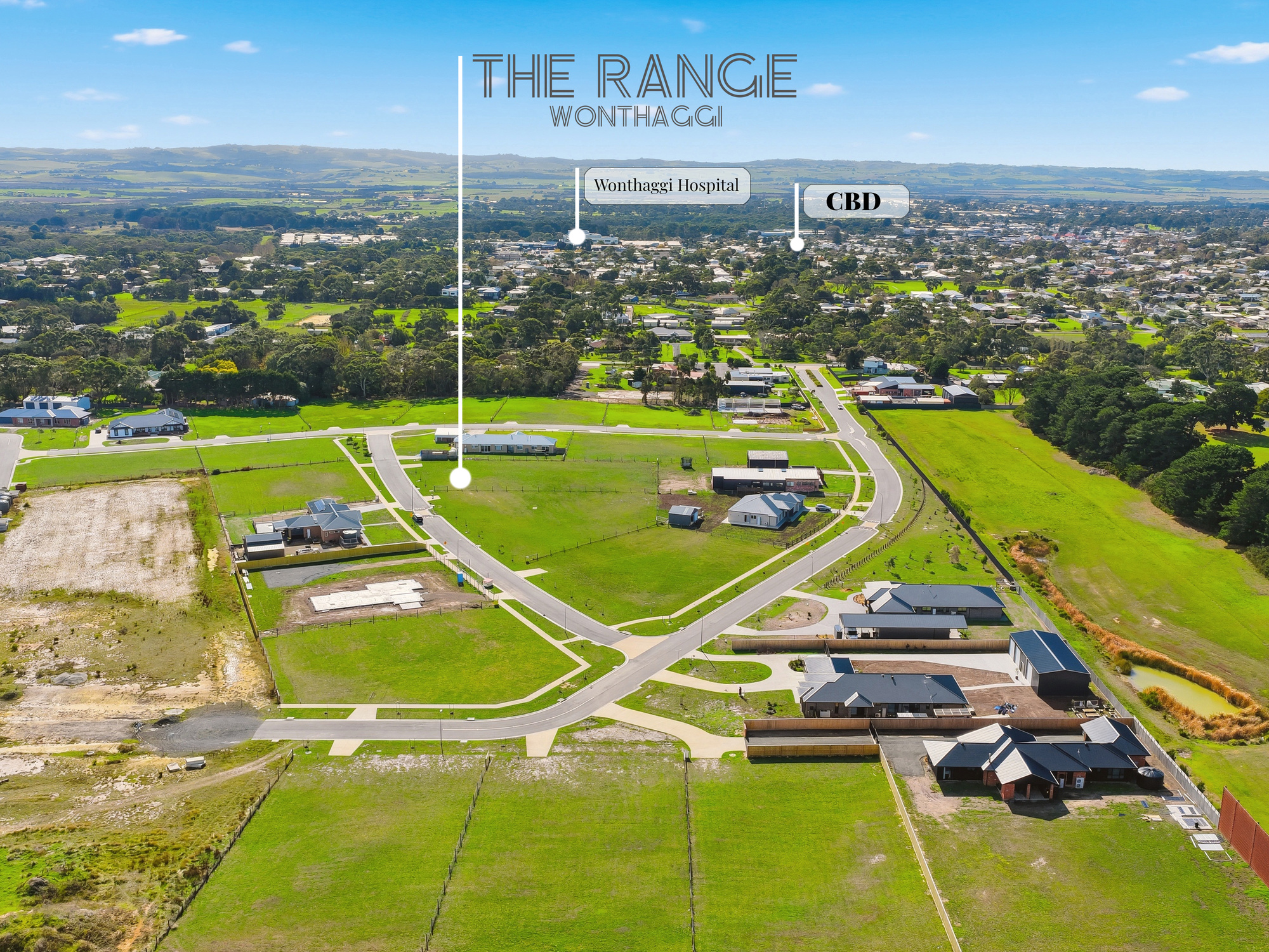 Aerial Google Earth view of The Range estate at 8 Dowson Drive, Wonthaggi, showing the subdivision layout with the coastline in the distance