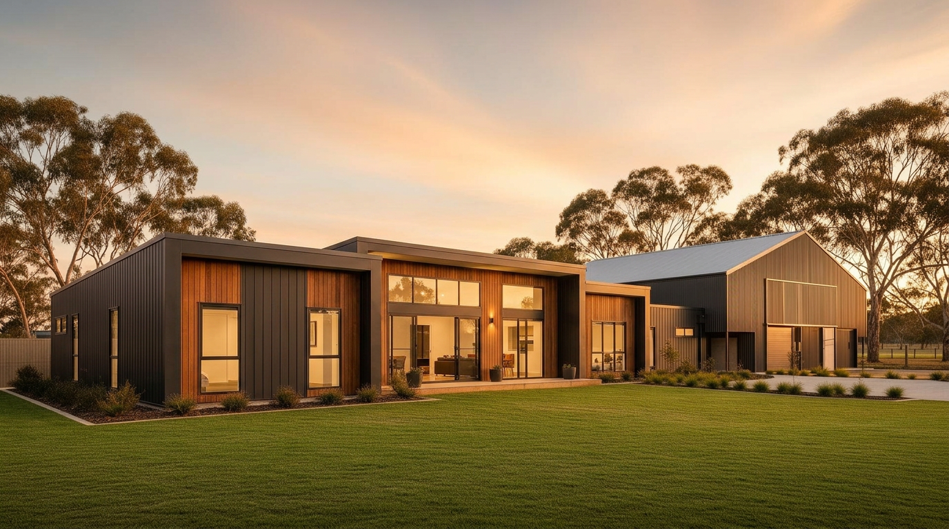A modern family home with timber and dark cladding alongside a large shed at The Range, Wonthaggi